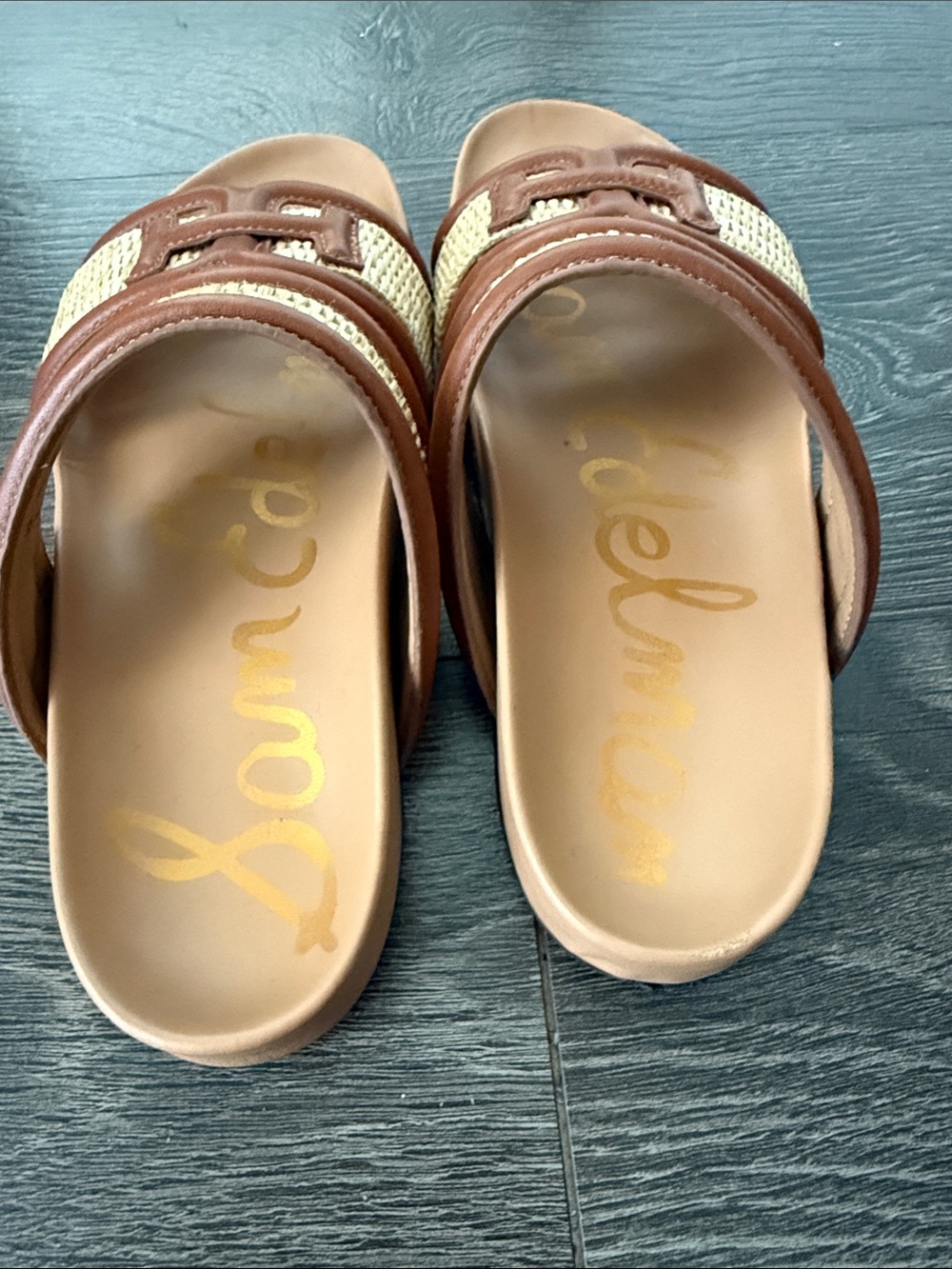 Sam Edelman Brown Raffia Double Strap Slide Sandals - Picture 2 of 5